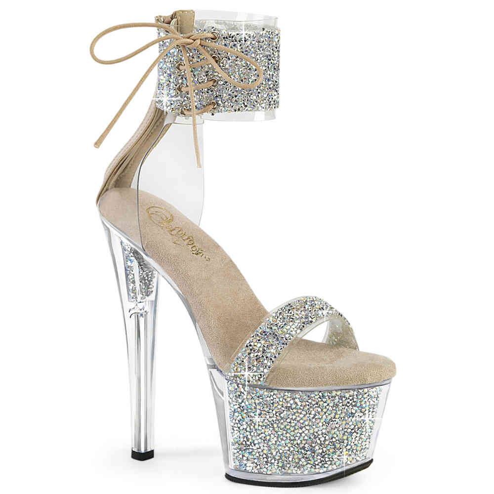 Pleaser - SKY327RSI Sandale à bride à la cheville, Pole dance chaussures - Couleur argent/Couleur de peau Product image